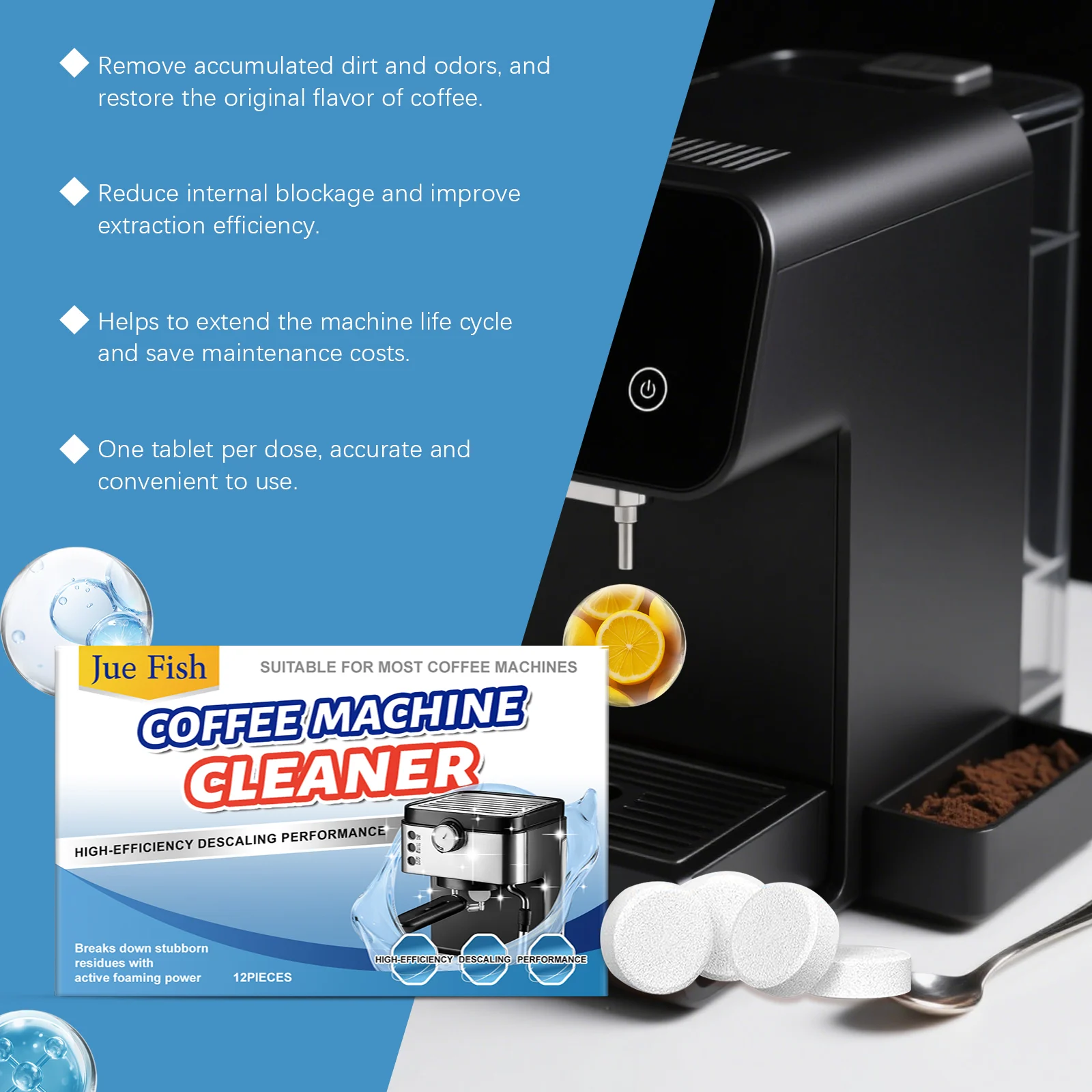 Jue Fish Coffee Machine Descaling Tablets 12pcs - Cleaner for Most Coffee Makers 6 coffee machine descaling tablets jue v4pazg93 desc 6