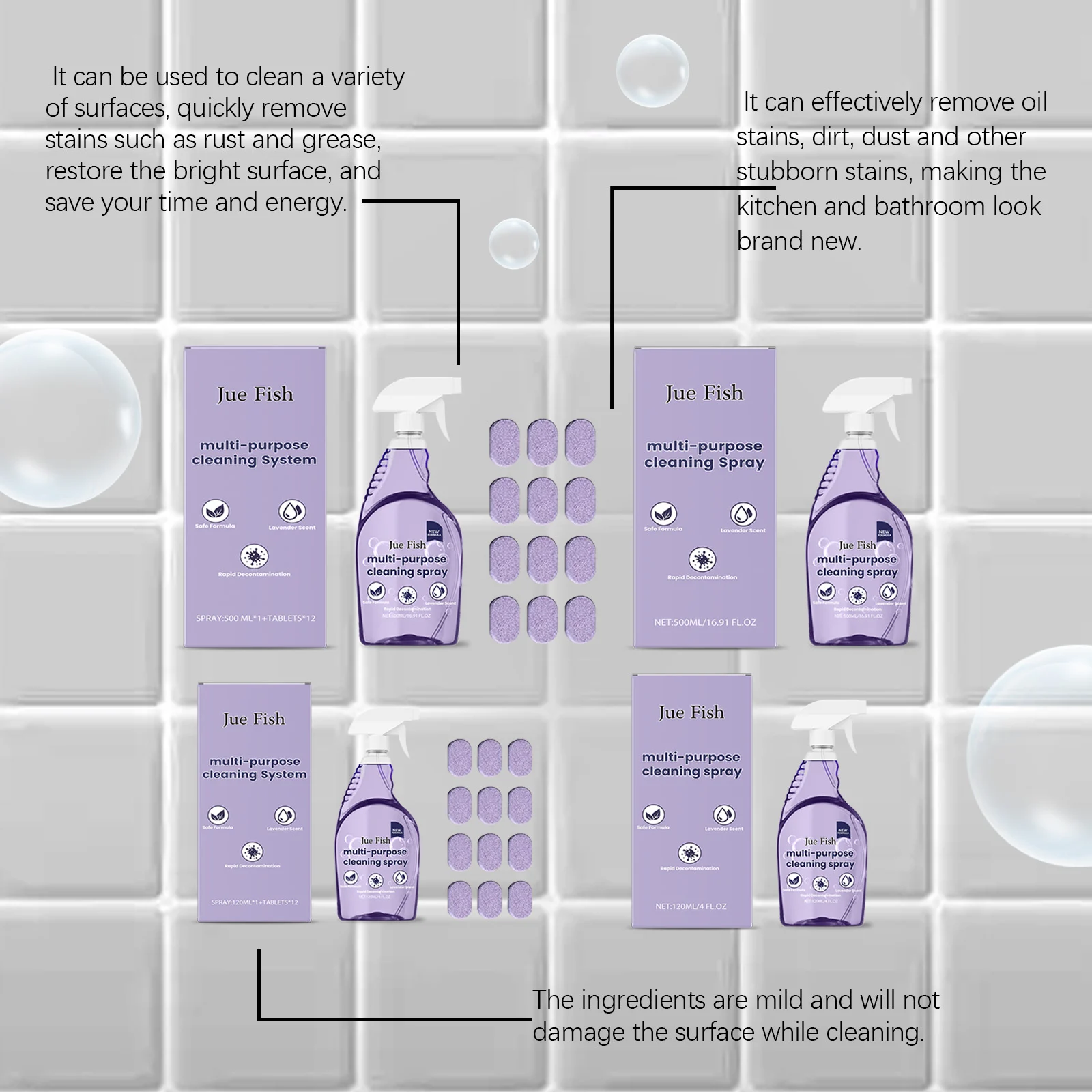 Multi-Purpose Stain Remover Spray Powerful Kitchen & Bathroom Cleaner Degreaser for Tiles Stovetops Grime 500ml 6 jue fish multi purpose cleaner spray tablets kitchen bathroom oil stain remover jue ysa5udny desc 6