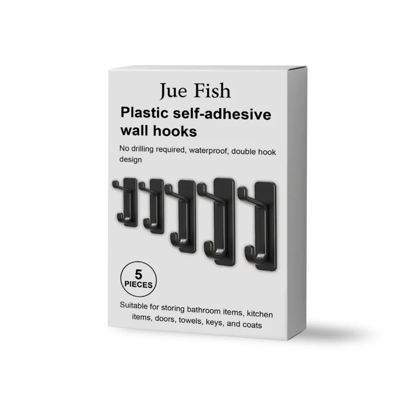 Jue Fish Plastic self-adhesive wall hooks with double hook design for bathroom, kitchen, and entryway storage.