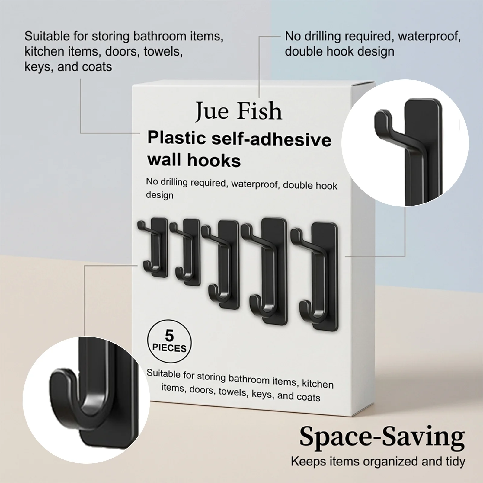 No Drill Wall Hooks Plastic Self-Adhesive Double Hook Design for Daily Home Use 8 no drill wall hooks plastic self adhesive double hook jue h2x9bc2v desc 8