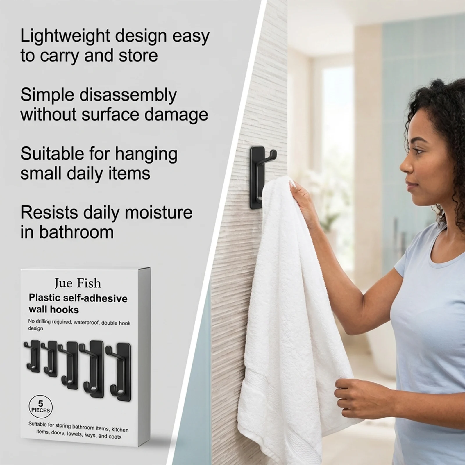 No Drill Wall Hooks Plastic Self-Adhesive Double Hook Design for Daily Home Use 9 no drill wall hooks plastic self adhesive double hook jue h2x9bc2v desc 9