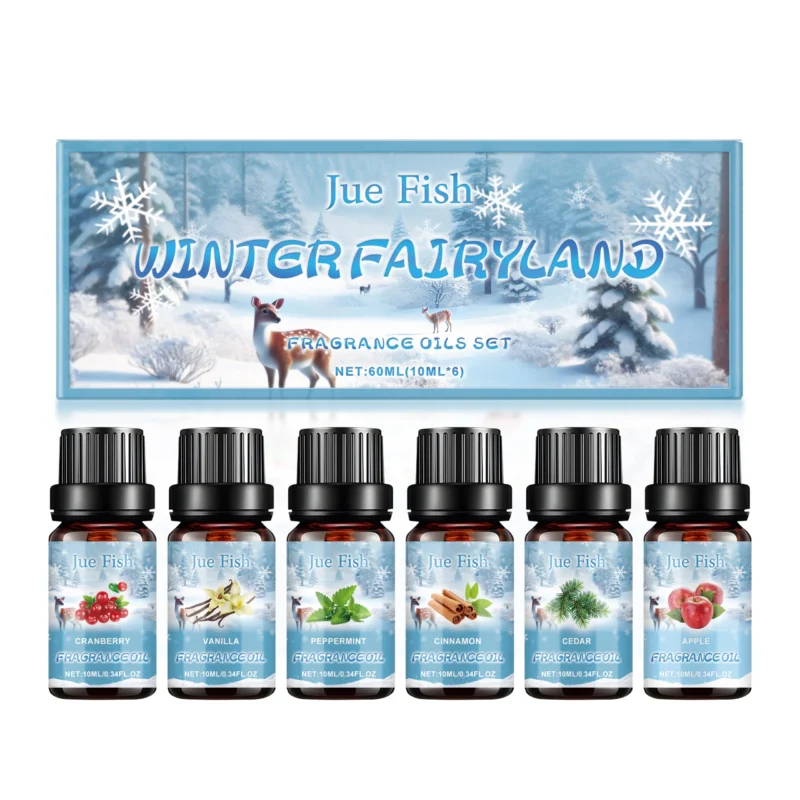 Jue Fish Winter Fairyland Fragrance Oils Set with six festive scents including Cranberry and Vanilla for aromatherapy diffusers
